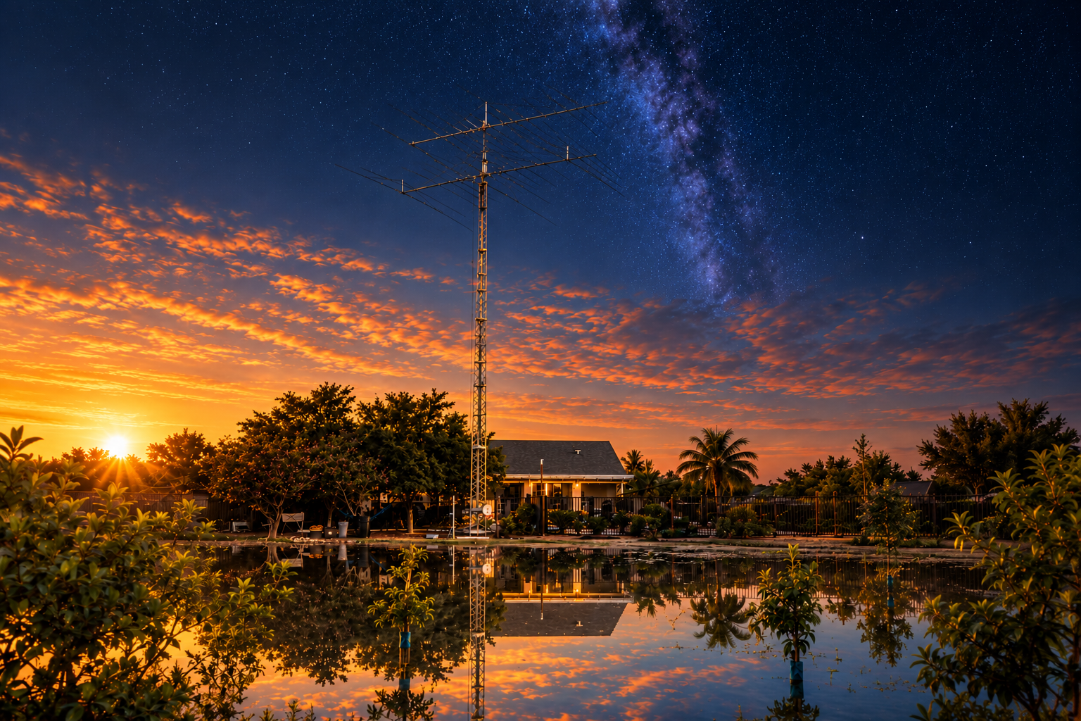 NG7E station tower at dawn under a starry sky